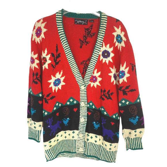 Vintage 1980's JJ Browne Sz L Southwestern Intarsia Knit Chunky Cardigan Sweater - Picture 2 of 5